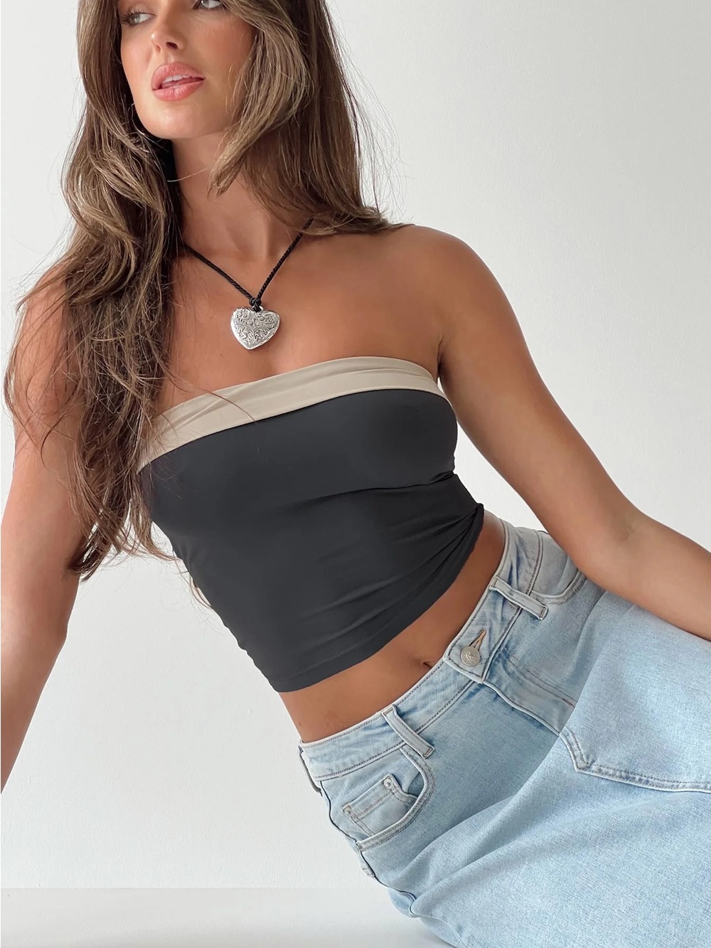 Princess Polly Black Bandeau Crop Top with Cream Trim